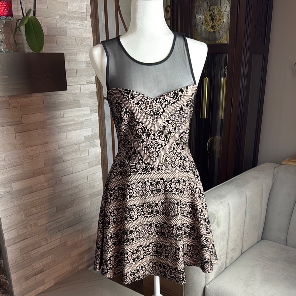 Mesh Illusion Damask Print Fit & Flare Dress